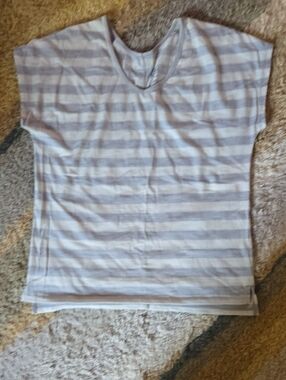 Icebreaker Light Gray and White Striped Merino Scoop Neck Tee
